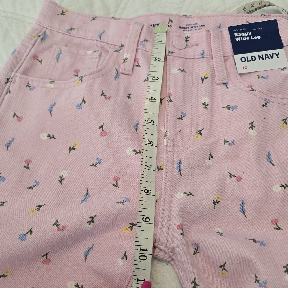 Old Navy Pastel Pink Floral High-Waisted Baggy Wide-Leg Jeans Girls Size 10 - Picture 8 of 10